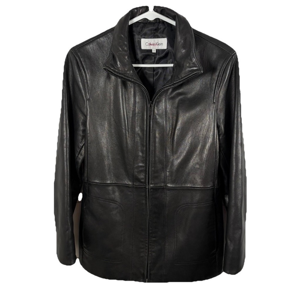 Vintage Calvin Klein Soft‎ Leather Jacket Black Zip Biker Classic Y2K Minimalist